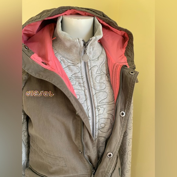 DIESEL Long Khaki Cotton Cargo Style Winter Vest Windbreaker Jacket Hoodie US S - Picture 3 of 15